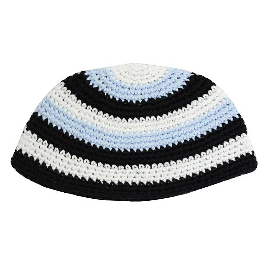 Kippa Enveloppante Rayée Bleu-ciel, Noire et Blanche